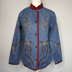 Denim & Co Embroidered Denim Jacket Women’s XS Red Floral Button-Up Boho Cottage